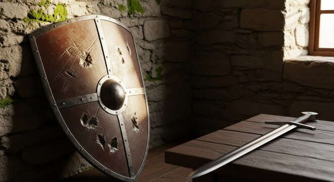 Battle-Worn Medieval Shield and Sword in a Stone Castle Interior with Dramatic Lighting and Historical Atmosphere