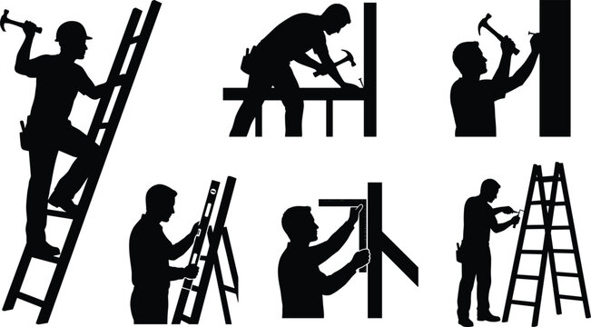Construction worker and carpenter black silhouette set featuring men climbing ladders hammering nails and using leveling measurement tools