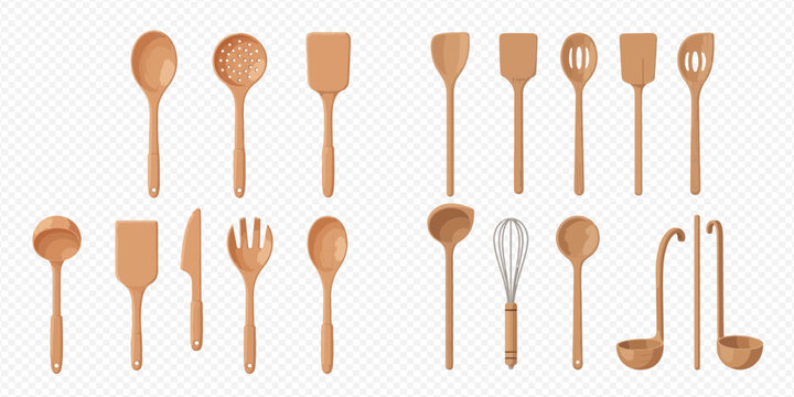Collection of various wooden kitchen utensils and cooking tools for culinary preparation.