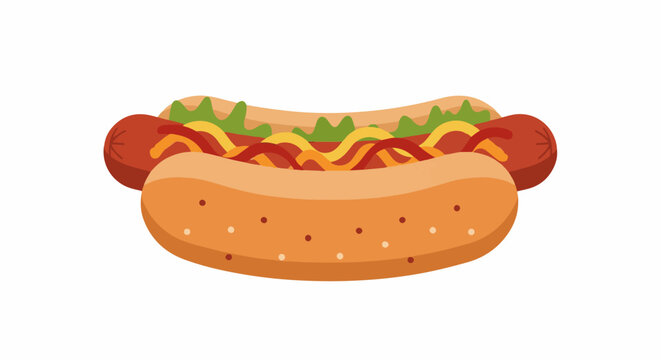 A simple, colorful illustration of a hot dog with ketchup, mustard, and relish