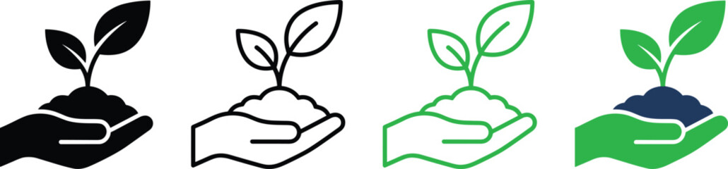 Obraz premium Ecology and environment icon set featuring human hand holding young plant seedling growing in soil ground dirt pile