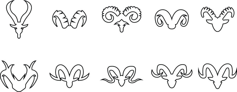 stylized goat head with curved horns icon set, silhouettes vector farm animal icons, Abstract Horn Shapes Animal Elements Vector horned ram and mountain goat face symbols for logo design and branding