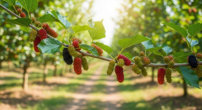 Ripe mulberries on a tree branch in a sunny orchard