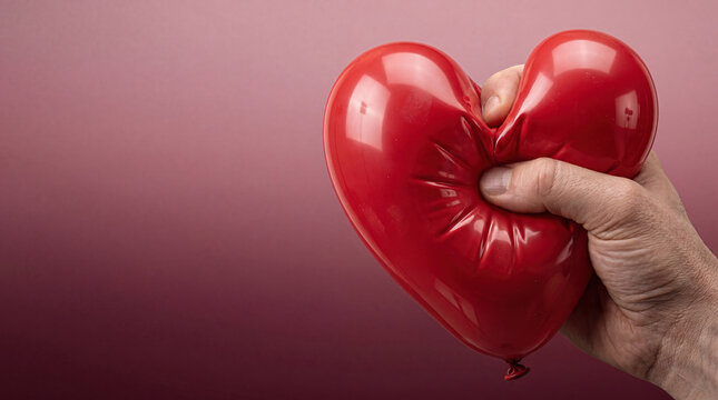 Hand squeezing heart shaped red balloon on dark pink background