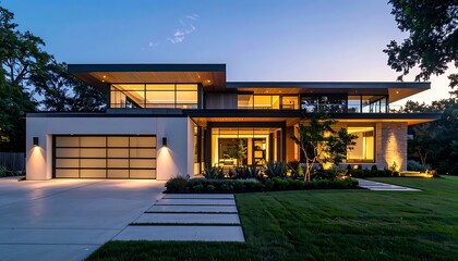 Obraz premium A modern two-story house with large windows and a well-manicured lawn