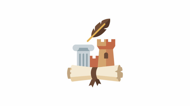 Ancient scroll, pillar, castle, and quill represent history and learning