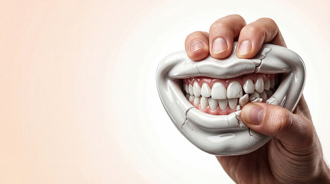 Male hand crushing cracked white ceramic smile jaw model