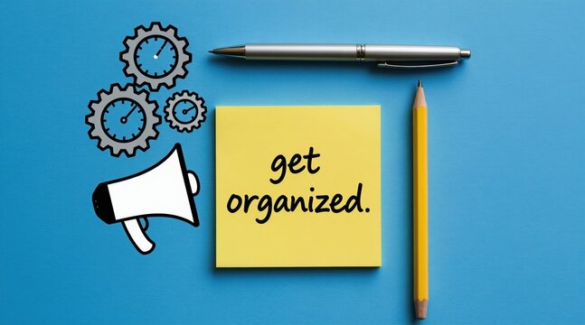 Yellow sticky note with get organized text. Megaphone and gears with clocks on blue background suggest planning and time management. Pen and pencil are nearby.