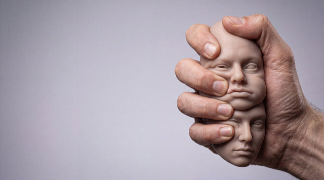 Male hand squeezing two plastic human faces together on gray background