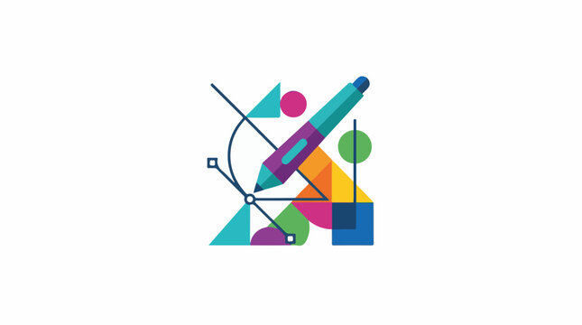 Stylized digital pen draws colorful abstract geometric shapes on white