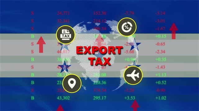 Export Tax Dynamics: An abstract representation of export tax impact, featuring global trade elements, financial data, and growth indicators, symbolizing economic effects.