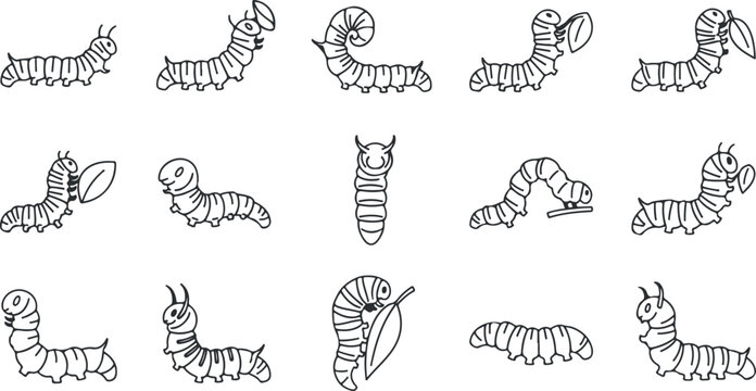 Various cute cartoon caterpillars eating leaves and crawling in different positions line art.