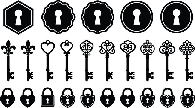 Vintage key and padlock black silhouette icon set featuring ornate antique keys heart shaped padlocks and keyholes