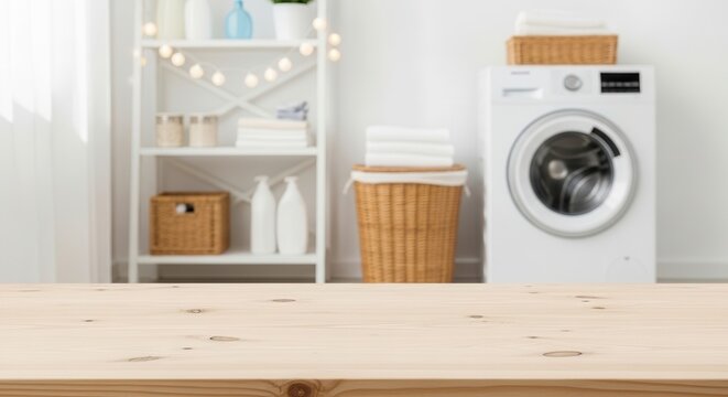 Laundry room with washing machine and wooden table