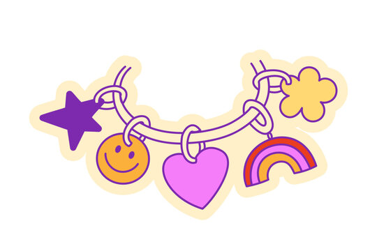 VEctor illustrations in hand drawn doodle style, cute girly charm bracelet with heart rainbow star and flower