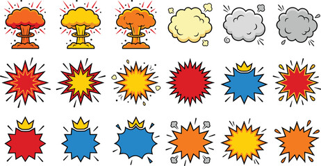 Comic book explosion speech bubble set featuring mushroom cloud nuclear bomb blast retro comic starburst and smoke clouds © tofajjol studio
