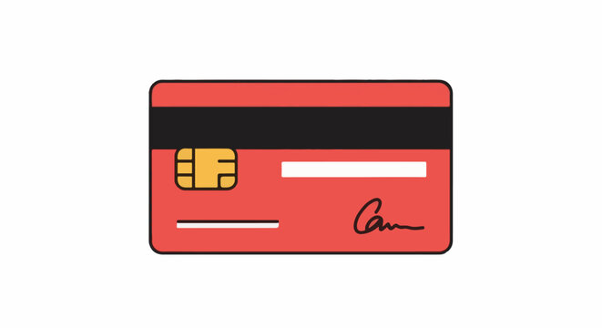 Red plastic payment card with black stripe, chip, white stripe and signature line