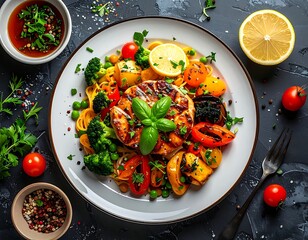 Fototapeta premium A plate of grilled chicken and vegetables with herbs