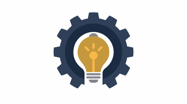 A dark blue gear encircles a glowing yellow lightbulb, symbolizing innovation and mechanical ingenuity