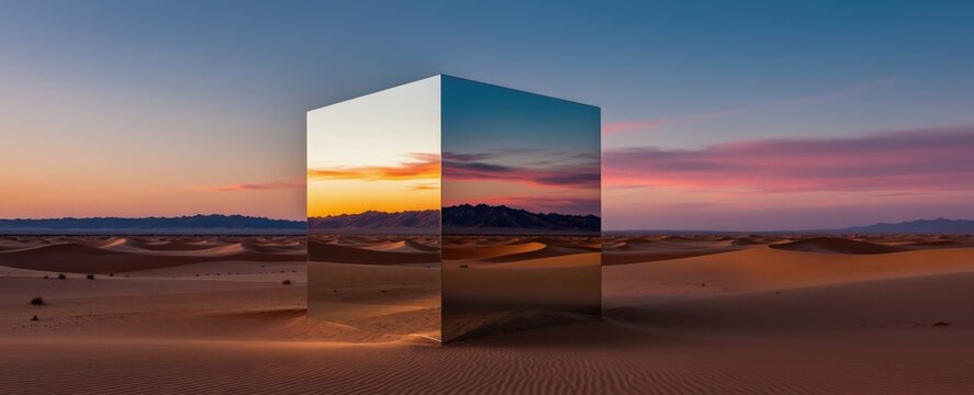 Metallic cube stands in desert sand dunes at sunset. Mirror reflects mountains sky. Surreal geometric shape creates illusion in barren landscape. Mystery discovery concept.