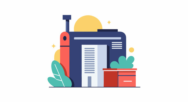 Stylized abstract building with plants and sun