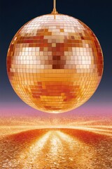 Obraz premium Low-angle golden disco ball hanging over sparkling glitter floor with warm reflective glow