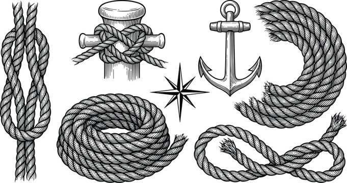 Vintage nautical rope and anchor vector set featuring hand drawn engraving style marine knots cleat and compass star symbols