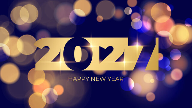 2027 Happy New Year holiday background. Bright blurred bokeh lights and gold colored numbers. Vector illustration.	