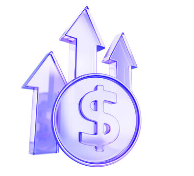 Hologram glass dollar coin 3d icon with growing arrows up on blue background. Financial growth, currency appreciation, exchange rate, investment success, positive stock market dynamic