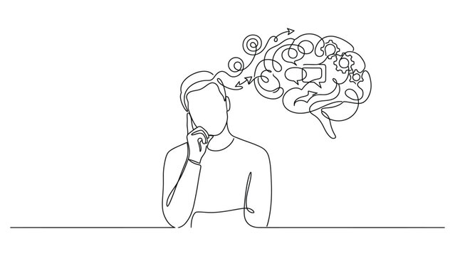 Continuous line drawing of a person with a confused thought process.