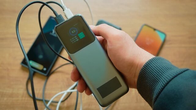 Power bank charging three smartphones simultaneously using multiple cables portable charger in active use. Display switching between percentage view and graphical indicators for each output channel