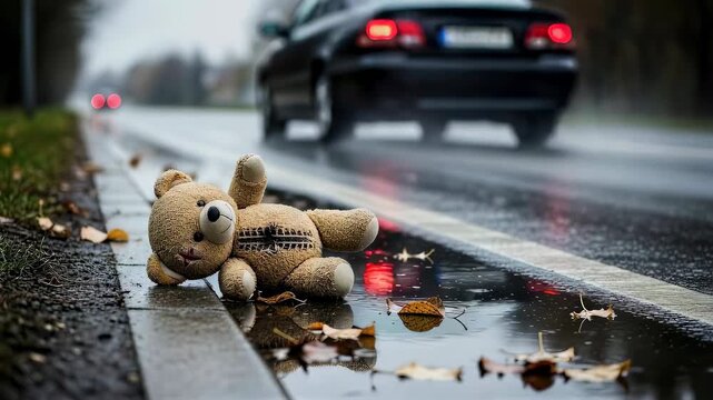 Abandoned teddy bear lying on wet road edge near moving car. Lost toy on rainy street after potential road accident. Concept of traffic and child safety rules.