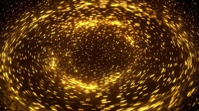 Abstract golden glitter particles swirling in circular pattern with bright glowing light effect on dark background for festive and luxury design