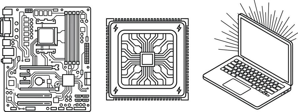Computer hardware line icon set featuring detailed motherboard circuit board microchip central processing unit CPU and open laptop notebook