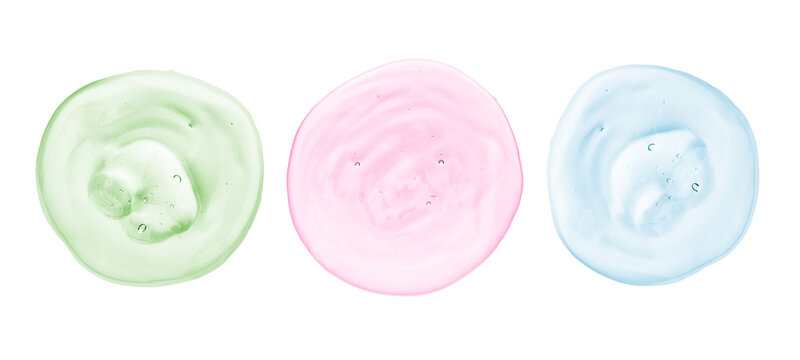 Transparent cosmetic gel or face serum product in different colours, isolated on transparent background. PNG image.