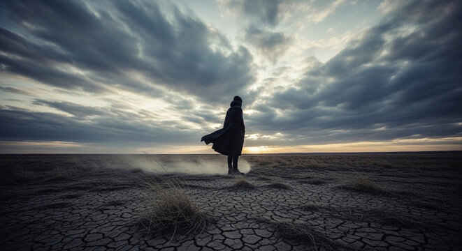 Person walking alone in desert landscape under stormy sky