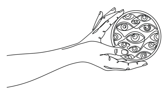  continuous line drawing A hand holds a glass with many eyes.