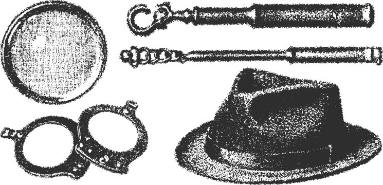 Vintage detective gadgets set including a hat, cuffs, and magnifier. This flat vector illustration showcases historical accessories.
