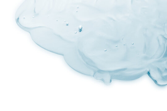 Light blue transparent cosmetic gel or face serum product, isolated on white background.
