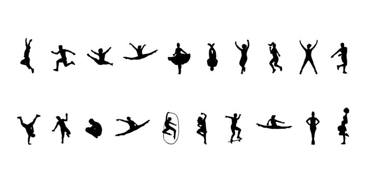 Dancers Performing Various Dynamic Poses in Black Silhouettes Featuring Movement, Ballet, Contemporary with Acrobatics and Gymnastics Elements