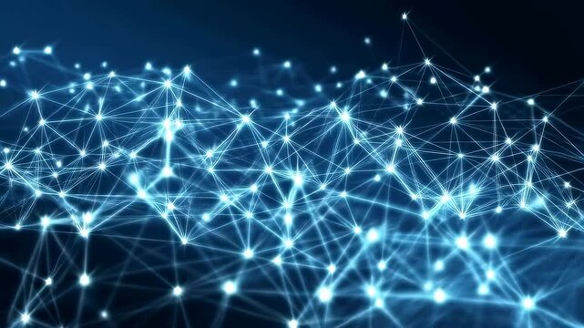 Abstract digital network connections with glowing nodes. Visual representation of data flow, technology, and communication in the digital age