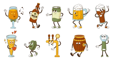 Groovy cartoon beer characters. Bottles can barrel and glass. Cute beer bottle cap and opener. Cartoon oktoberfest mascots, neoteric vector funny elements © MicroOne
