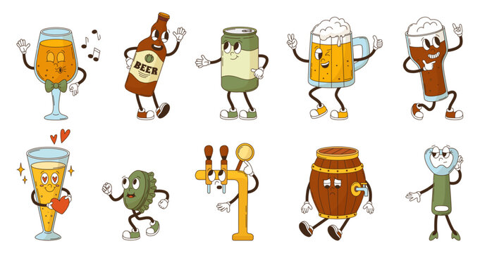 Groovy cartoon beer characters. Bottles can barrel and glass. Cute beer bottle cap and opener. Cartoon oktoberfest mascots, neoteric vector funny elements