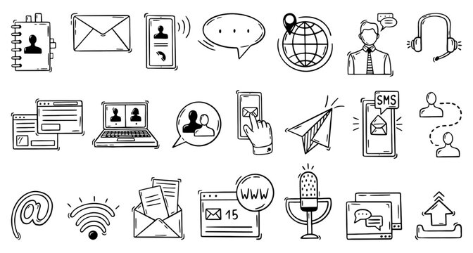 Doodle contact symbols. Messaging, chatting and communication via email, messengers, social media. Online support chat, comments interface icons, neoteric vector set