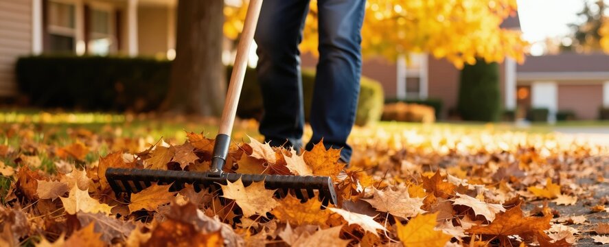 Man rakes fallen autumn leaves near cozy house. Selective focus highlights colorful foliage. Yard work activity on crisp fall day. Home maintenance task seasonal cleanup.