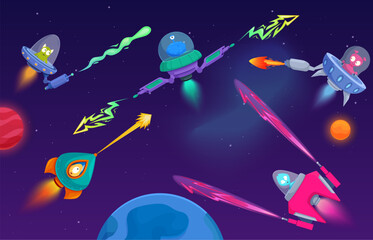 Naklejka premium Alien space battle. Funny cartoon aliens in spacecrafts with laser weapons. Game scene, universe travellers and citizens war, sapid vector scene
