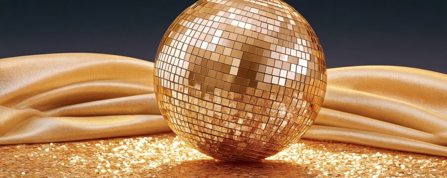 Gold disco ball on glittering sequin surface with satin backdrop for glamorous luxury party decor