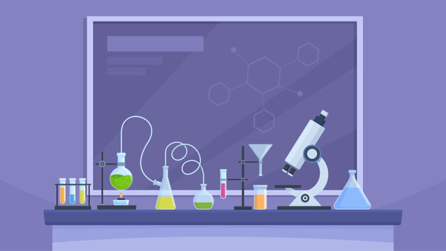 Chemical laboratory. Glassware, beakers, glass flasks, microscope on table. Chemistry or medical, pharmacy lab research. Sapid vector scene