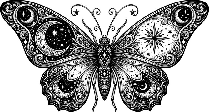 Celestial butterfly illustration with moon, stars and ornate patterns