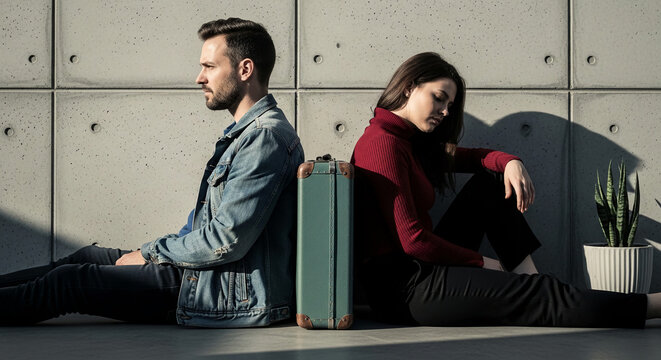 Two individuals seated back-to-back by a concrete wall, with a vintage suitcase between them, symbolizing separation or a pause in a relationship